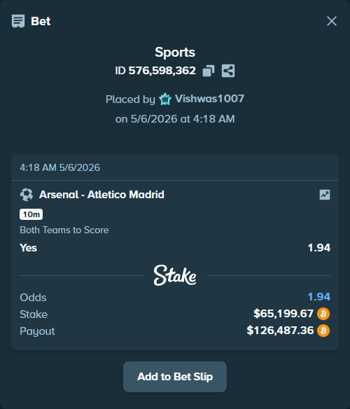Bet slip: Arsenal - Atletico Madrid, $51,425.60 stake at 1.94 odds, placed by Vishwas1007