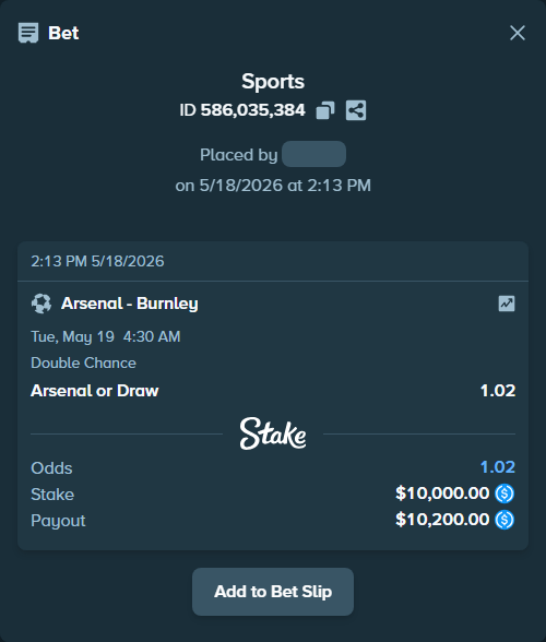 Bet slip: Arsenal - Burnley, $10,000.00 stake at 1.02 odds, placed by FF2007