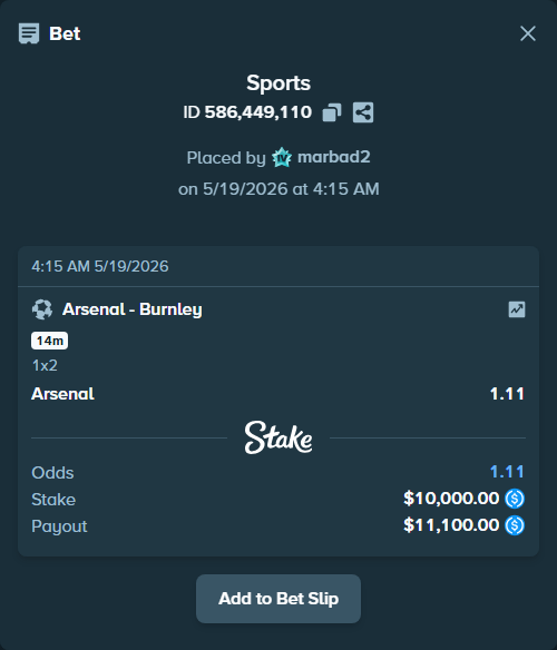 Bet slip: Arsenal - Burnley, $10,000.00 stake at 1.11 odds, placed by marbad2