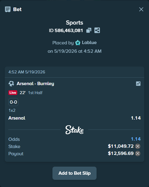 Bet slip: Arsenal - Burnley, $9,200.00 stake at 1.14 odds, placed by Lablue