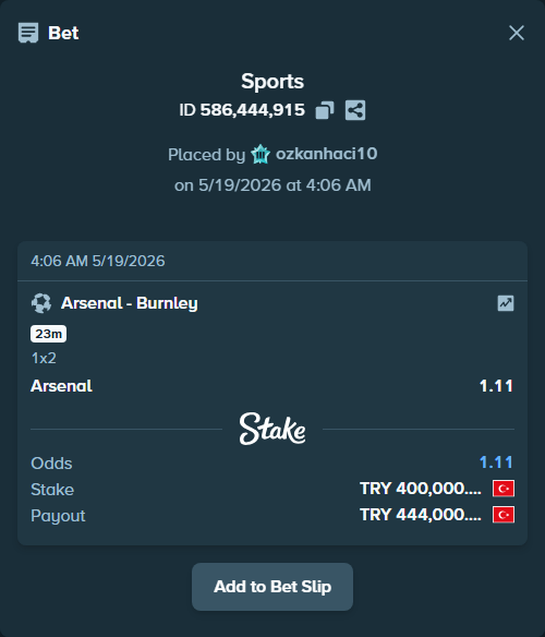Bet slip: Arsenal - Burnley, $12,000.00 stake at 1.11 odds, placed by ozkanhaci10