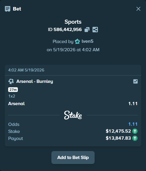 Bet slip: Arsenal - Burnley, $12,488.00 stake at 1.11 odds, placed by lven5