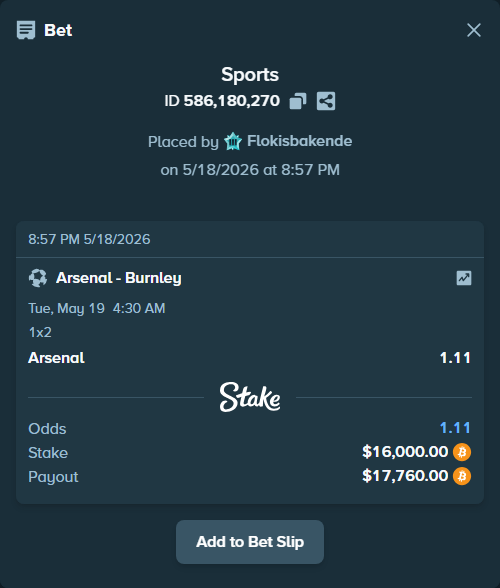 Bet slip: Arsenal - Burnley, $13,371.44 stake at 1.11 odds, placed by Flokisbakende