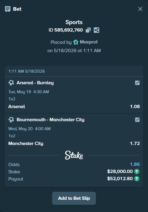 Bet slip: Arsenal - Burnley, $28,000.00 stake at 1.08 odds, placed by Maxprof