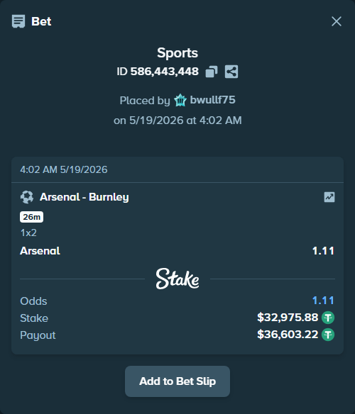 Bet slip: Arsenal - Burnley, $33,008.85 stake at 1.11 odds, placed by bwullf75
