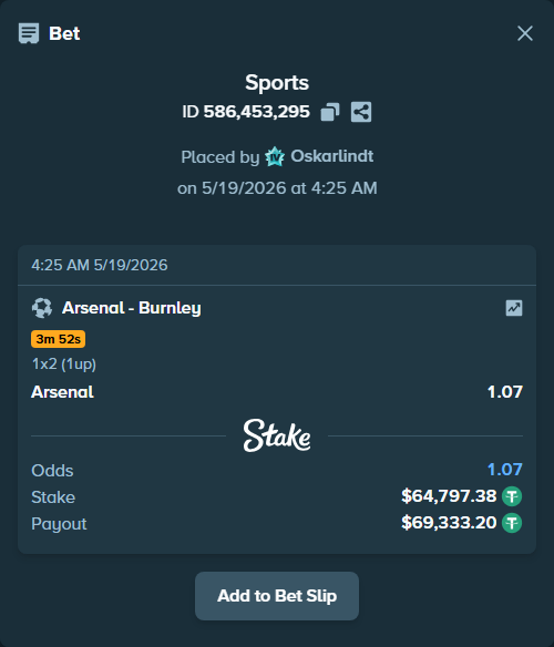 Bet slip: Arsenal - Burnley, $64,862.18 stake at 1.07 odds, placed by Oskarlindt