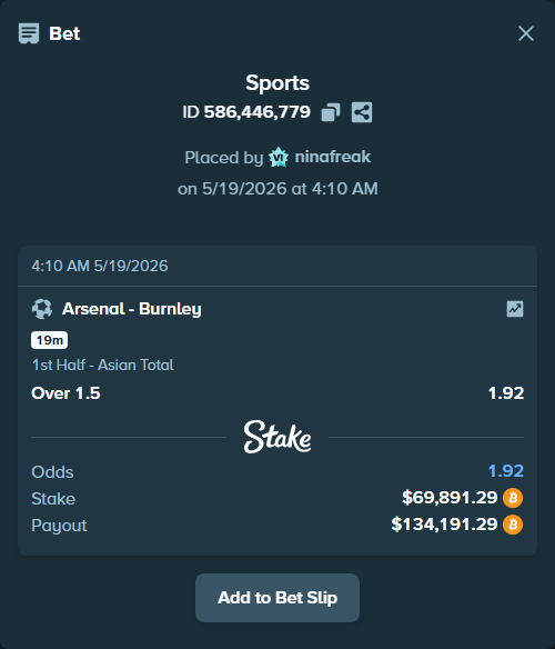 Bet slip: Arsenal - Burnley, $58,768.08 stake at 1.92 odds, placed by ninafreak