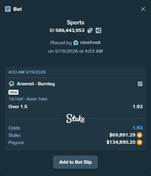 Bet slip: Arsenal - Burnley, $58,812.94 stake at 1.93 odds, placed by ninafreak