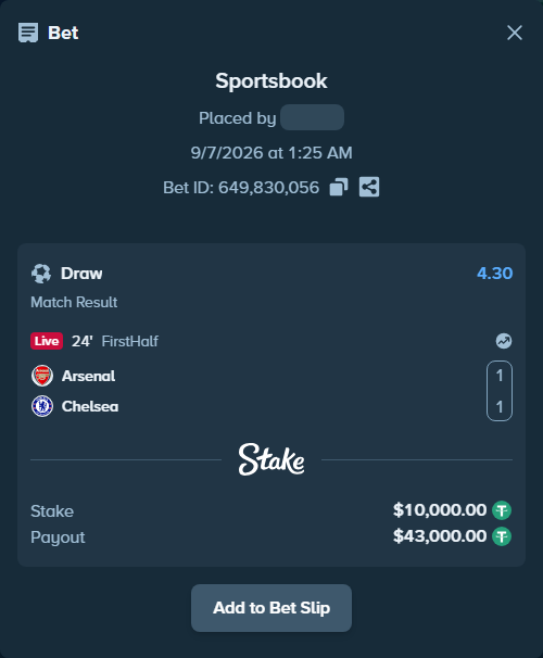Bet slip: Arsenal - Chelsea, $10,000.00 stake at 4.30 odds, placed by bwullf75