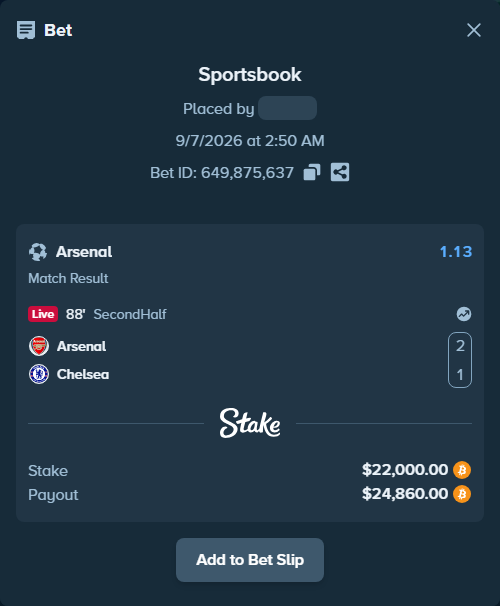 Bet slip: Arsenal - Chelsea, $22,087.09 stake at 1.13 odds, placed by Hallfkh