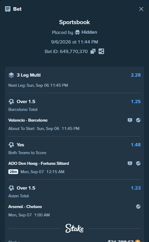 Bet slip: Arsenal - Chelsea, $31,835.89 stake at 1.23 odds, placed by Hidden