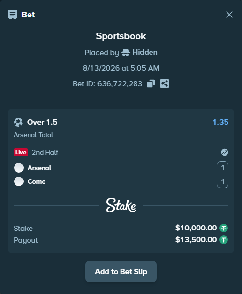 Bet slip: Arsenal - Como, $10,010.00 stake at 1.35 odds, placed by Hidden