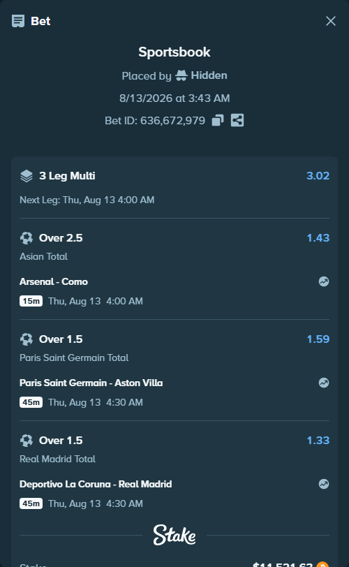 Bet slip: Arsenal - Como, $11,520.08 stake at 1.43 odds, placed by Hidden