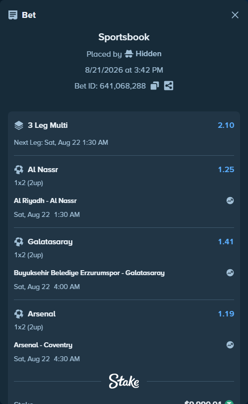 Bet slip: Arsenal - Coventry, $10,000.00 stake at 1.19 odds, placed by Hidden