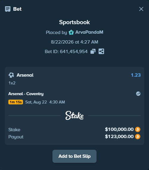 Bet slip: Arsenal - Coventry, $101,485.80 stake at 1.23 odds, placed by ArvaPandaM
