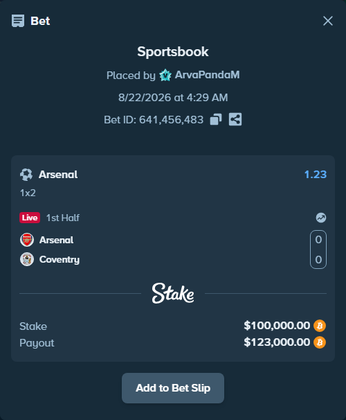 Bet slip: Arsenal - Coventry, $101,485.80 stake at 1.23 odds, placed by ArvaPandaM