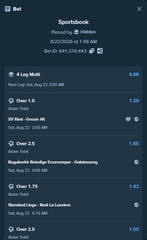 Bet slip: Arsenal - Coventry, $10,233.00 stake at 1.55 odds, placed by Hidden