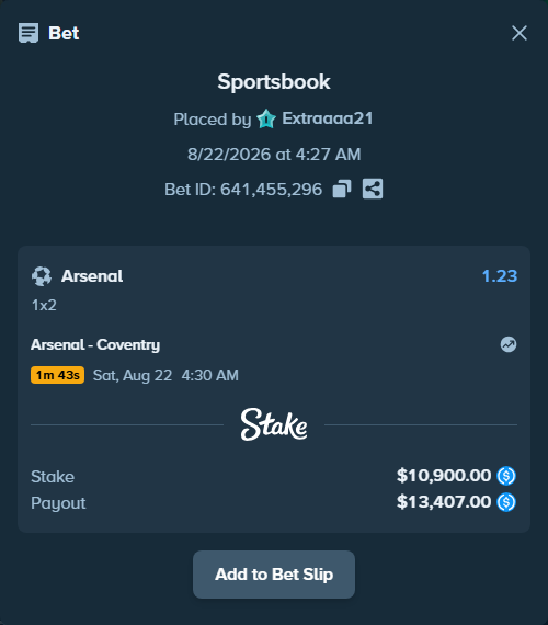 Bet slip: Arsenal - Coventry, $10,900.00 stake at 1.23 odds, placed by Extraaaa21