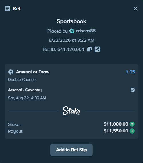 Bet slip: Arsenal - Coventry, $11,000.00 stake at 1.05 odds, placed by criscas85