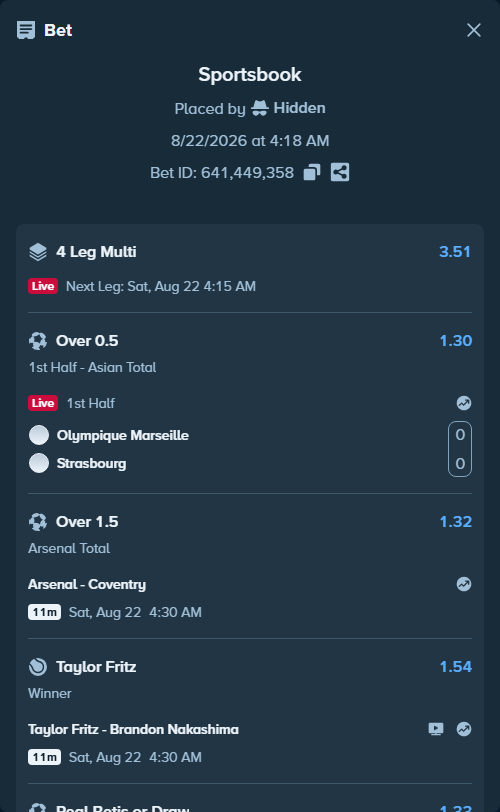 Bet slip: Arsenal - Coventry, $11,945.47 stake at 1.32 odds, placed by Hidden