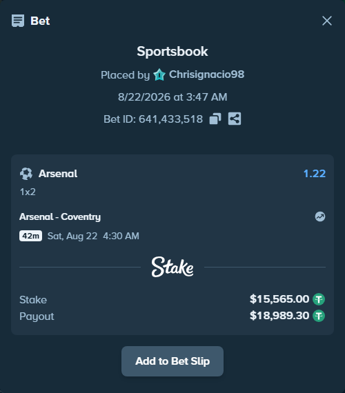 Bet slip: Arsenal - Coventry, $15,565.00 stake at 1.22 odds, placed by Chrisignacio98