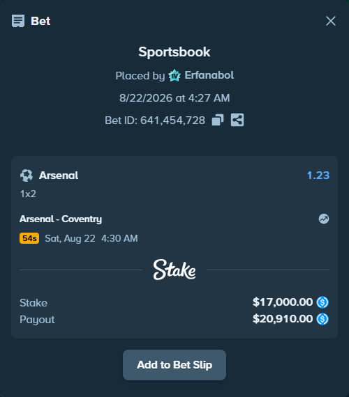 Bet slip: Arsenal - Coventry, $17,000.00 stake at 1.23 odds, placed by Erfanabol