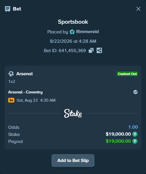 Bet slip: Arsenal - Coventry, $19,000.00 stake at 1.23 odds, placed by Rimmereid