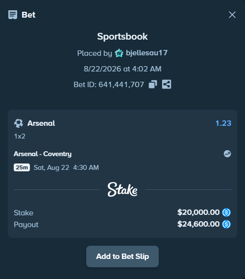 Bet slip: Arsenal - Coventry, $20,000.00 stake at 1.23 odds, placed by bjellesau17