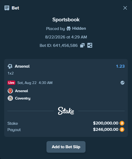Bet slip: Arsenal - Coventry, $202,971.59 stake at 1.23 odds, placed by Hidden
