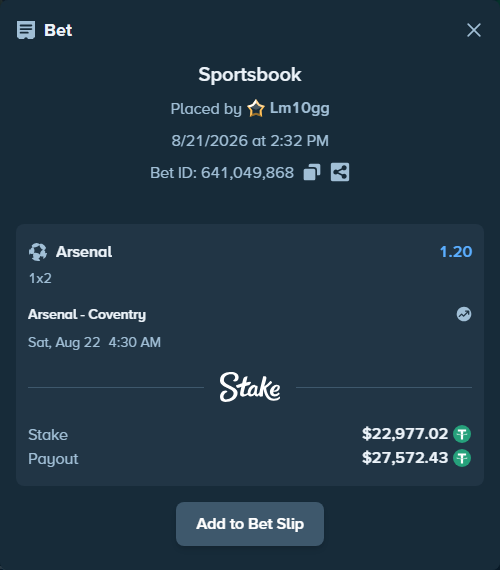 Bet slip: Arsenal - Coventry, $23,000.00 stake at 1.20 odds, placed by Lm10gg