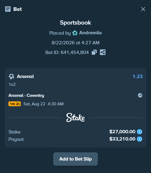Bet slip: Arsenal - Coventry, $27,000.00 stake at 1.23 odds, placed by Andremila