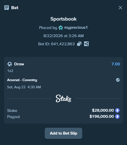 Bet slip: Arsenal - Coventry, $29,176.68 stake at 7.00 odds, placed by myprecious1