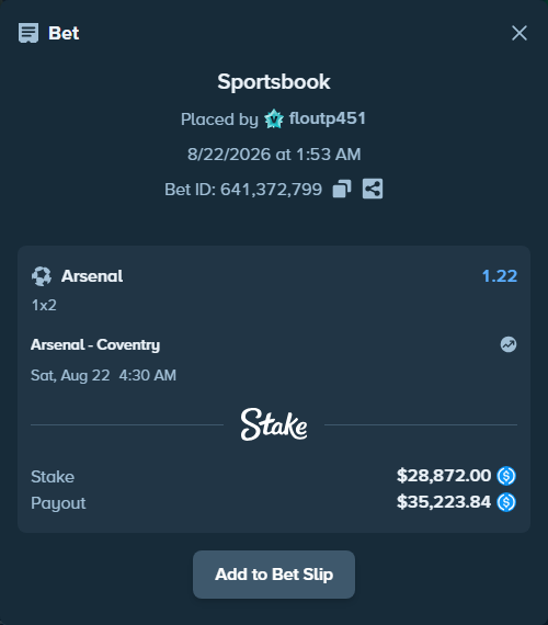 Bet slip: Arsenal - Coventry, $28,872.00 stake at 1.22 odds, placed by floutp451