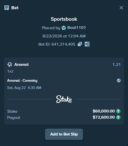 Bet slip: Arsenal - Coventry, $60,000.00 stake at 1.21 odds, placed by Boat1101