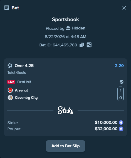 Bet slip: Arsenal - Coventry City, $10,411.00 stake at 3.20 odds, placed by Hidden