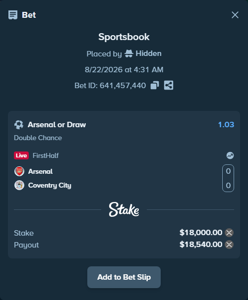 Bet slip: Arsenal - Coventry City, $19,588.50 stake at 1.03 odds, placed by Hidden