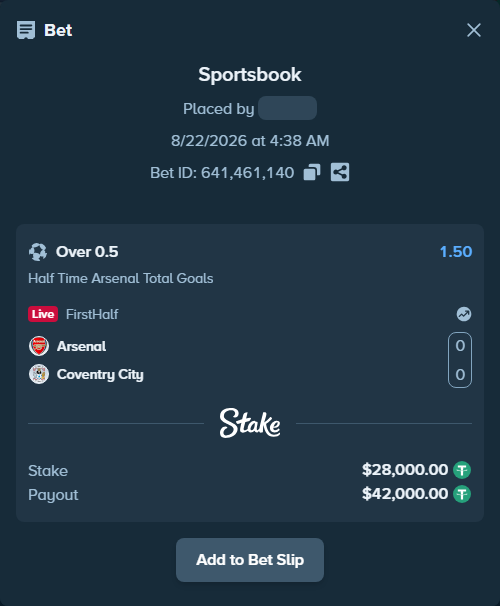 Bet slip: Arsenal - Coventry City, $28,000.00 stake at 1.50 odds, placed by Jackpoor