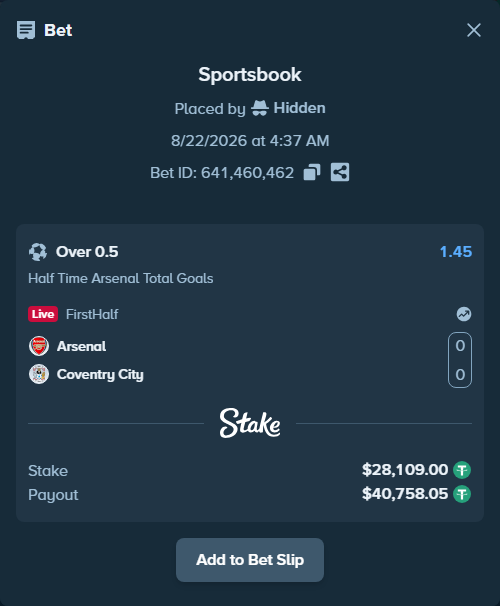 Bet slip: Arsenal - Coventry City, $28,109.00 stake at 1.45 odds, placed by Hidden