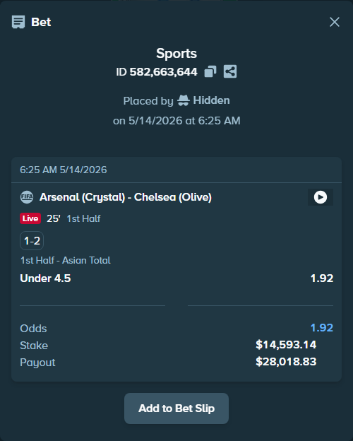 Bet slip: Arsenal (Crystal) - Chelsea (Olive), $11,188.10 stake at 1.92 odds, placed by Hidden