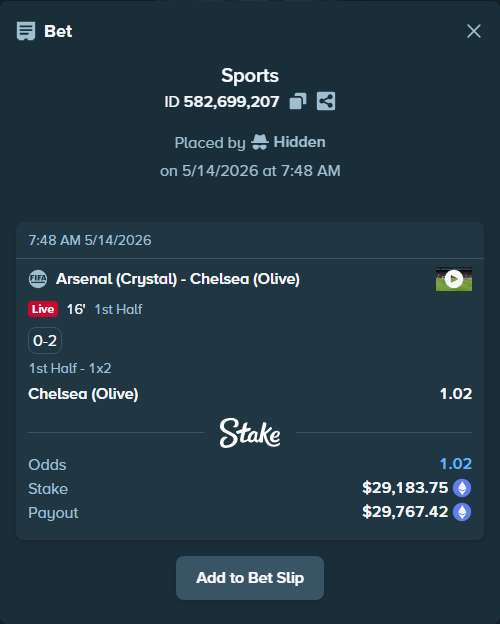 Bet slip: Arsenal (Crystal) - Chelsea (Olive), $22,440.04 stake at 1.02 odds, placed by Hidden