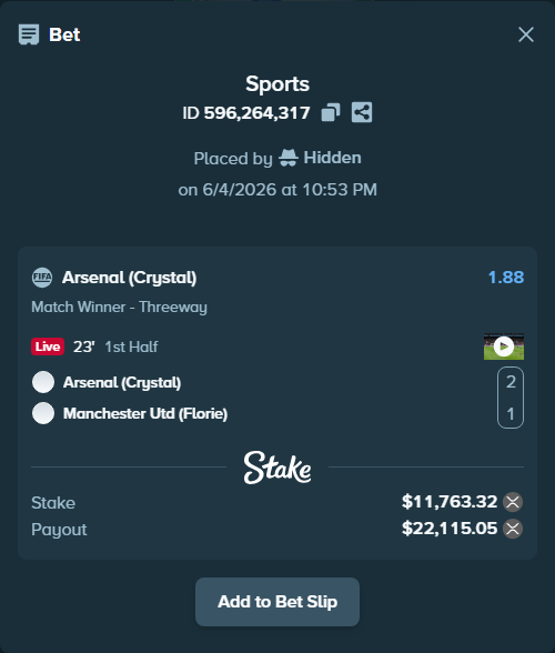 Bet slip: Arsenal (Crystal) - Manchester Utd (Florie), $11,500.00 stake at 1.88 odds, placed by Hidden