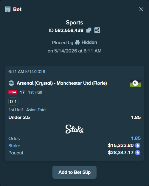 Bet slip: Arsenal (Crystal) - Manchester Utd (Florie), $11,755.48 stake at 1.85 odds, placed by Hidden