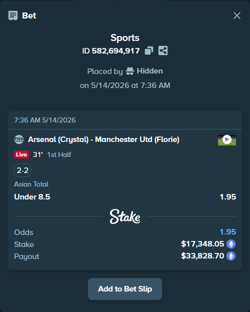 Bet slip: Arsenal (Crystal) - Manchester Utd (Florie), $13,333.29 stake at 1.95 odds, placed by Hidden
