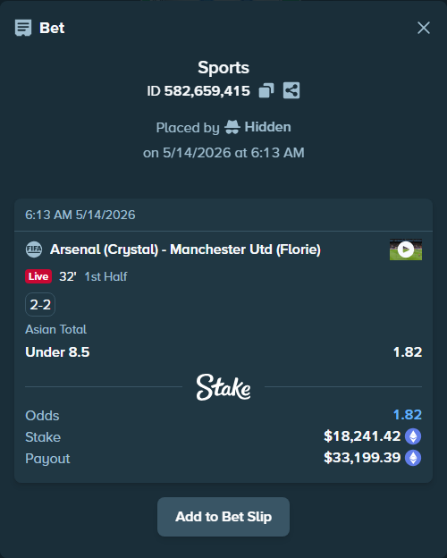 Bet slip: Arsenal (Crystal) - Manchester Utd (Florie), $13,994.62 stake at 1.82 odds, placed by Hidden