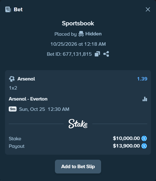 Bet slip: Arsenal - Everton, $10,000.00 stake at 1.39 odds, placed by LLOYS1