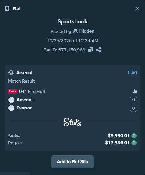 Bet slip: Arsenal - Everton, $10,000.00 stake at 1.40 odds, placed by Jakeleik