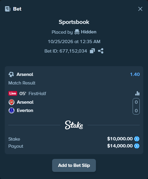 Bet slip: Arsenal - Everton, $10,000.00 stake at 1.40 odds, placed by Eivind4321