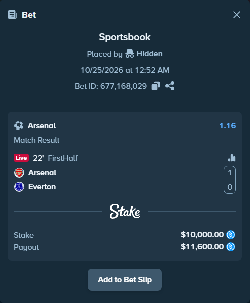 Bet slip: Arsenal - Everton, $10,000.00 stake at 1.16 odds, placed by godtsmott