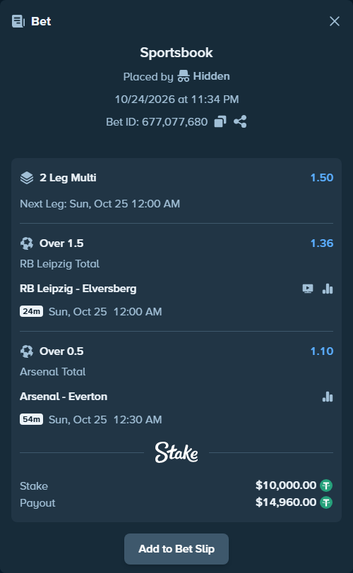 Bet slip: Arsenal - Everton, $10,010.00 stake at 1.10 odds, placed by Hidden