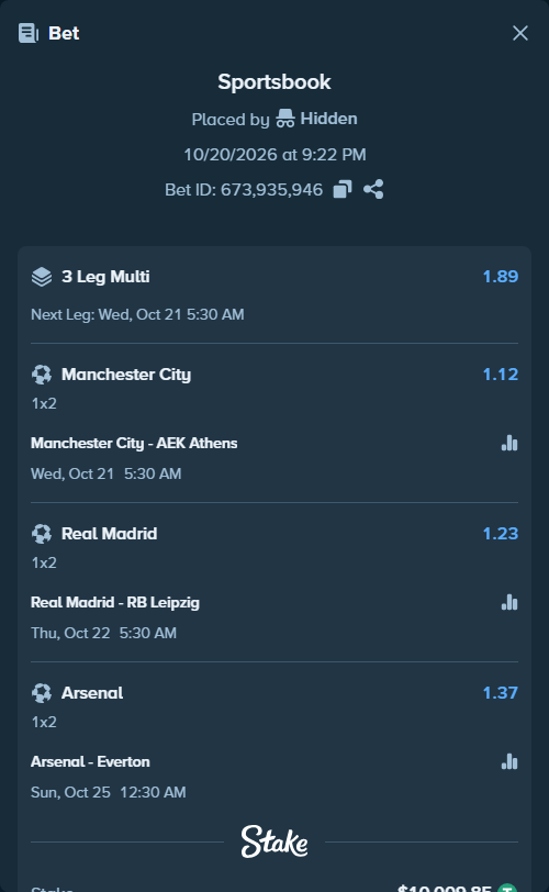 Bet slip: Arsenal - Everton, $10,019.86 stake at 1.37 odds, placed by Maxprof